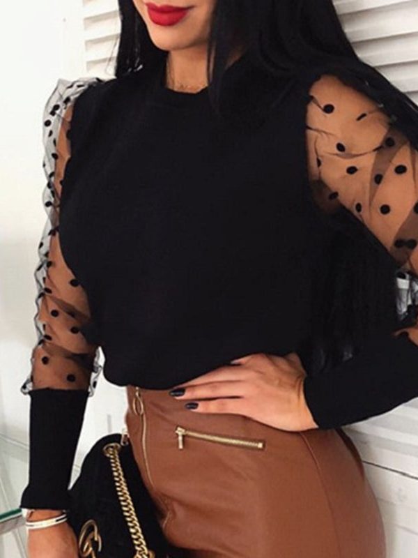 The Best Women's Sheer Mesh See-through Blouse 2019 New Fashion Elegant Slim Polka Dot Puff Long Sleeve Tops Shirt Turtleneck Fall Blouse Online - Takalr