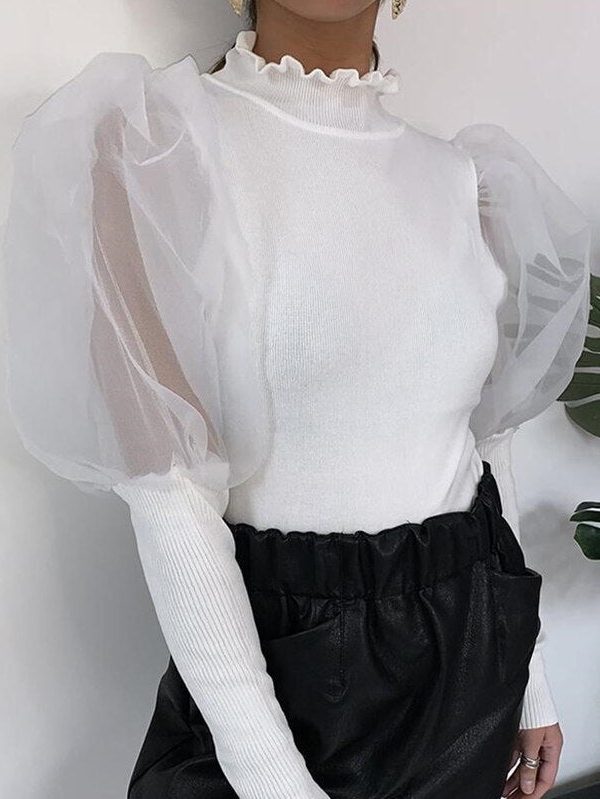 The Best Women's Sheer Tee Casual Blouse Shirt Autumn Lady Turtleneck Mesh Puff Sleeve Blouse Slim Clubwear Holiday Tops Online - Takalr