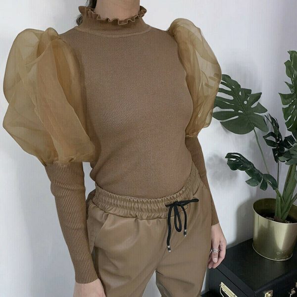 The Best Women's Sheer Tee Casual Blouse Shirt Autumn Lady Turtleneck Mesh Puff Sleeve Blouse Slim Clubwear Holiday Tops Online - Takalr