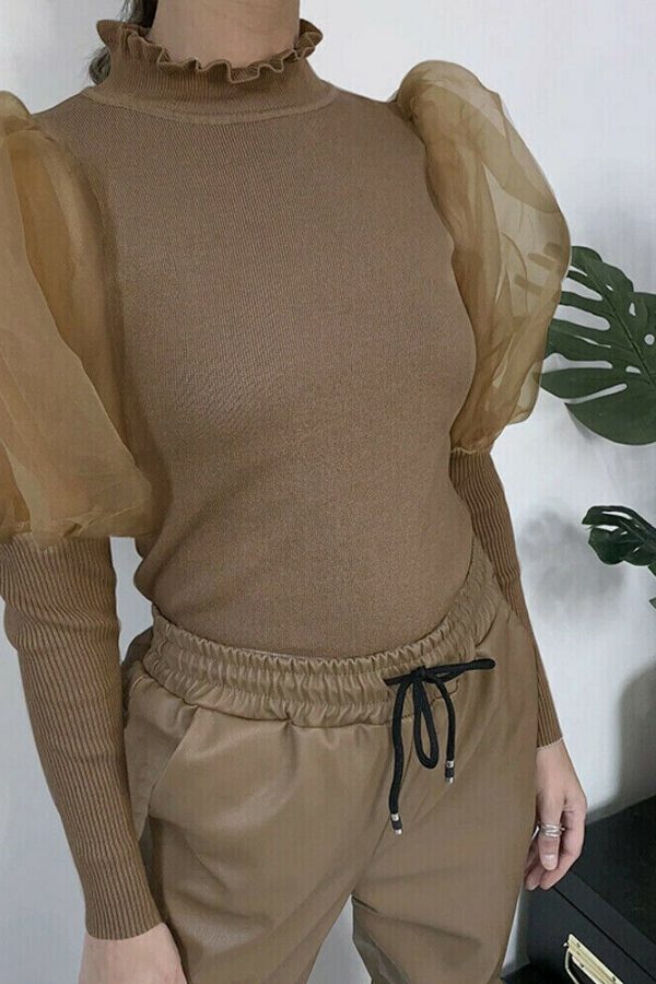 The Best Women's Sheer Tee Casual Blouse Shirt Autumn Lady Turtleneck Mesh Puff Sleeve Blouse Slim Clubwear Holiday Tops Online - Takalr