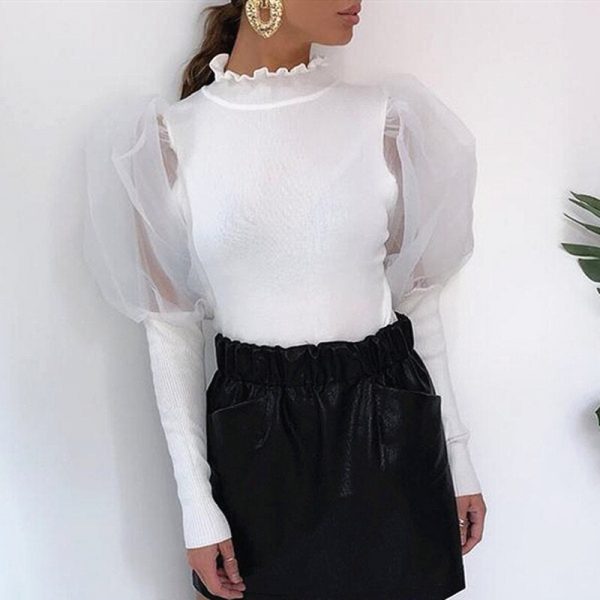 The Best Women's Sheer Tee Casual Blouse Shirt Autumn Lady Turtleneck Mesh Puff Sleeve Blouse Slim Clubwear Holiday Tops Online - Takalr