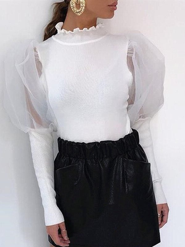 The Best Women's Sheer Tee Casual Blouse Shirt Autumn Lady Turtleneck Mesh Puff Sleeve Blouse Slim Clubwear Holiday Tops Online - Takalr