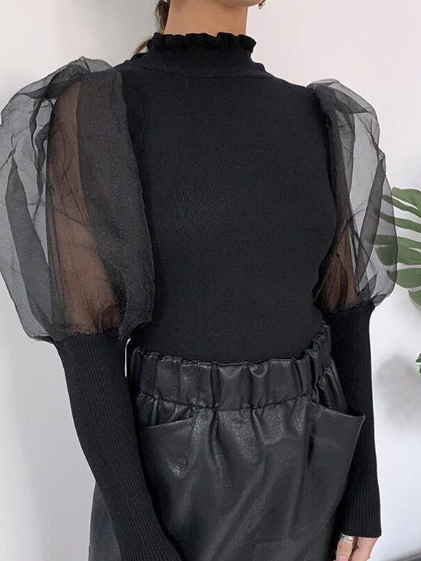 The Best Women's Sheer Tee Casual Blouse Shirt Autumn Lady Turtleneck Mesh Puff Sleeve Blouse Slim Clubwear Holiday Tops Online - Takalr