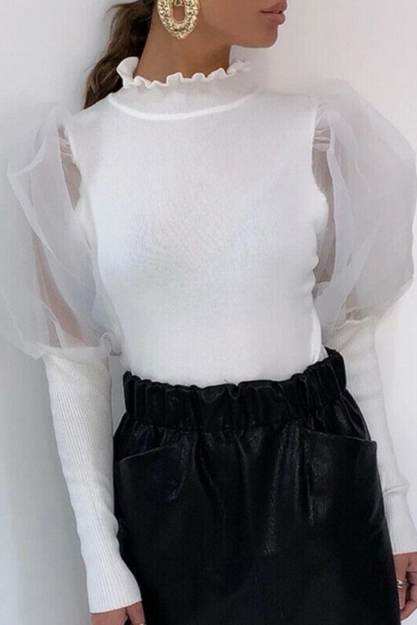 The Best Women's Sheer Tee Casual Blouse Shirt Autumn Lady Turtleneck Mesh Puff Sleeve Blouse Slim Clubwear Holiday Tops Online - Takalr