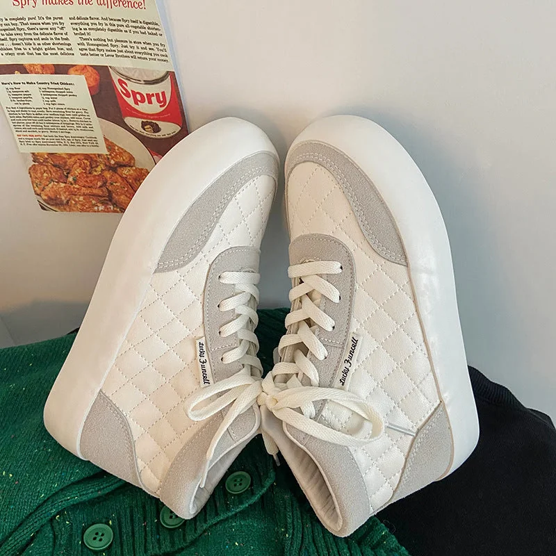 Women Shoes Autumn White PU Leather Sneakers Fashion Platform Sport Shoes Plaid Lace-up Casual Comfy Ankle Boots - Image 18