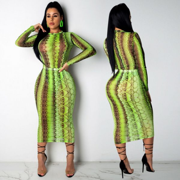 The Best Women's Snake Print Bodycon Sheer Mesh Dress Sexy Ladies Long Sleeve Party Club Slim Fit Dresses Sundress Online - Takalr