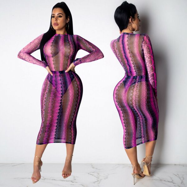 The Best Women's Snake Print Bodycon Sheer Mesh Dress Sexy Ladies Long Sleeve Party Club Slim Fit Dresses Sundress Online - Takalr