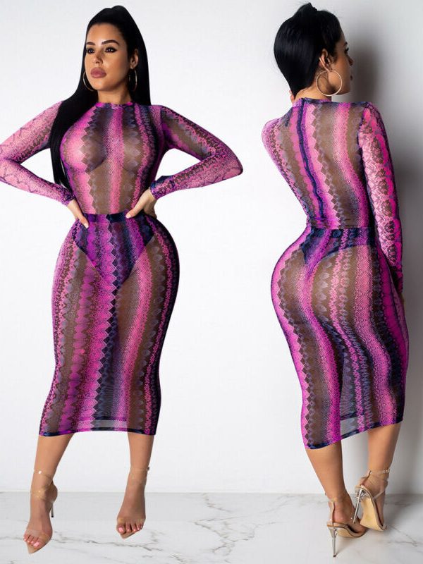 The Best Women's Snake Print Bodycon Sheer Mesh Dress Sexy Ladies Long Sleeve Party Club Slim Fit Dresses Sundress Online - Takalr