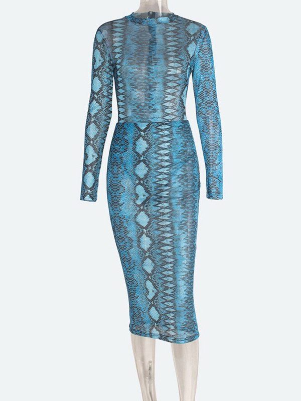 The Best Women's Snake Print Bodycon Sheer Mesh Dress Sexy Ladies Long Sleeve Party Club Slim Fit Dresses Sundress Online - Takalr