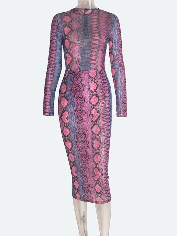 The Best Women's Snake Print Bodycon Sheer Mesh Dress Sexy Ladies Long Sleeve Party Club Slim Fit Dresses Sundress Online - Takalr