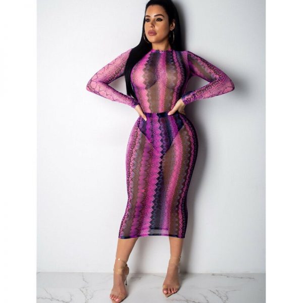 The Best Women's Snake Print Bodycon Sheer Mesh Dress Sexy Ladies Long Sleeve Party Club Slim Fit Dresses Sundress Online - Takalr