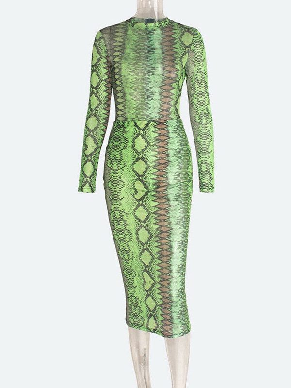 The Best Women's Snake Print Bodycon Sheer Mesh Dress Sexy Ladies Long Sleeve Party Club Slim Fit Dresses Sundress Online - Takalr