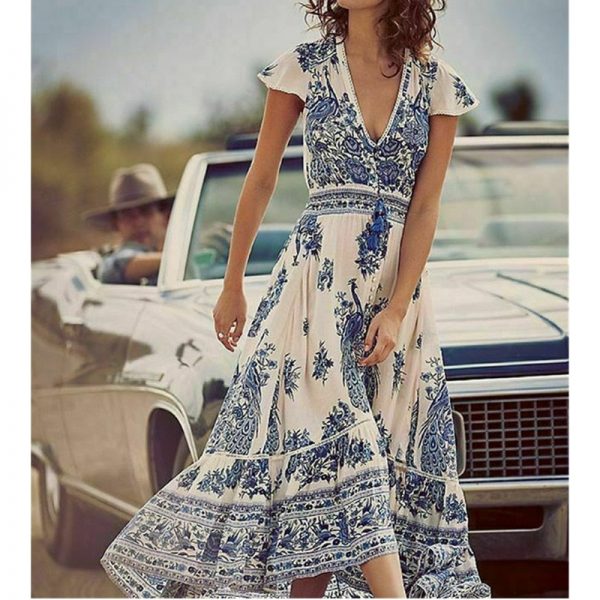 The Best Women's Summer Boho Casual Long Beach Dress Fashion Ladies Casual Print V-neck Short Sleeve Mid-Calf Loose Sundress Online - Takalr