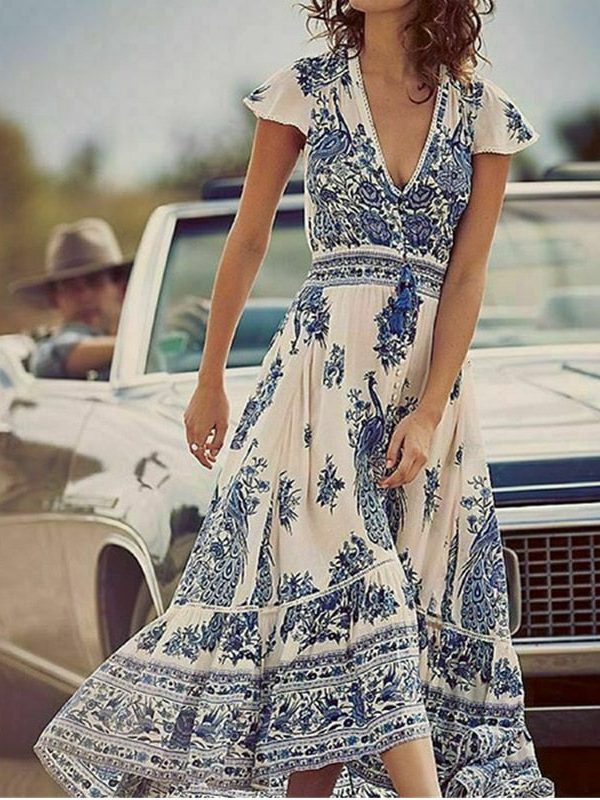 The Best Women's Summer Boho Casual Long Beach Dress Fashion Ladies Casual Print V-neck Short Sleeve Mid-Calf Loose Sundress Online - Takalr