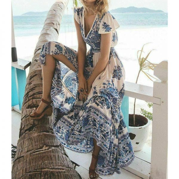 The Best Women's Summer Boho Casual Long Beach Dress Fashion Ladies Casual Print V-neck Short Sleeve Mid-Calf Loose Sundress Online - Takalr