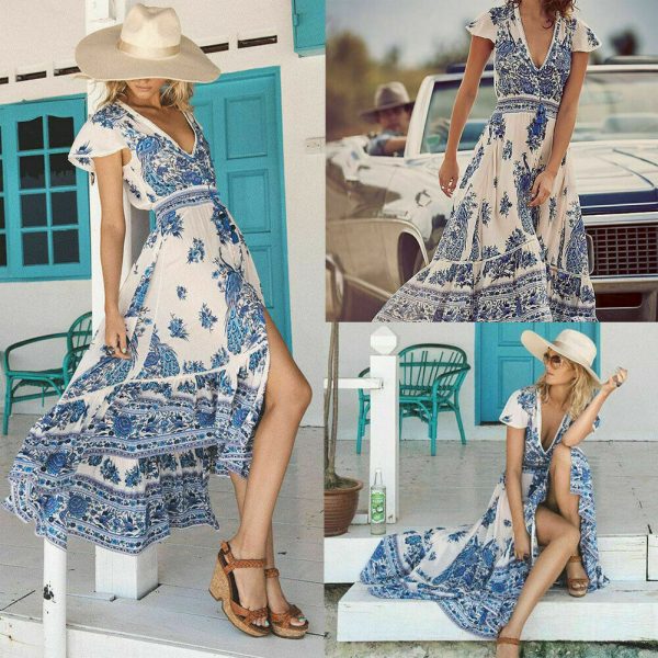 The Best Women's Summer Boho Casual Long Beach Dress Fashion Ladies Casual Print V-neck Short Sleeve Mid-Calf Loose Sundress Online - Takalr