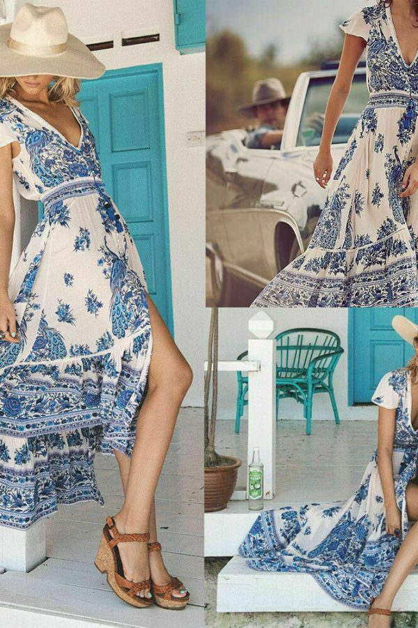 The Best Women's Summer Boho Casual Long Beach Dress Fashion Ladies Casual Print V-neck Short Sleeve Mid-Calf Loose Sundress Online - Takalr