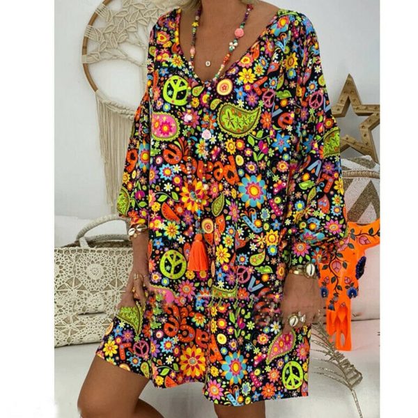 The Best Women's Summer Dresses Vintage Floral Print Deep V Neck Dresses Damen Boho Hippie Blumen Strand Kaftan Freizeit Hemd Online - Takalr