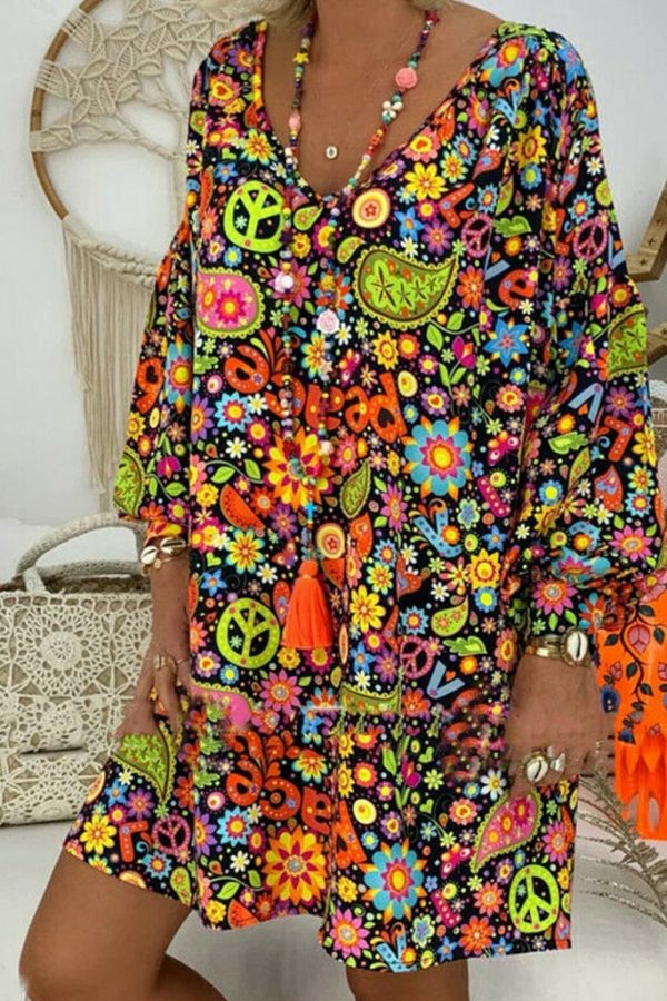 The Best Women's Summer Dresses Vintage Floral Print Deep V Neck Dresses Damen Boho Hippie Blumen Strand Kaftan Freizeit Hemd Online - Takalr