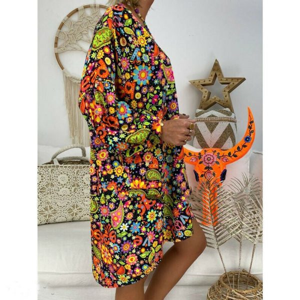 The Best Women's Summer Dresses Vintage Floral Print Deep V Neck Dresses Damen Boho Hippie Blumen Strand Kaftan Freizeit Hemd Online - Takalr