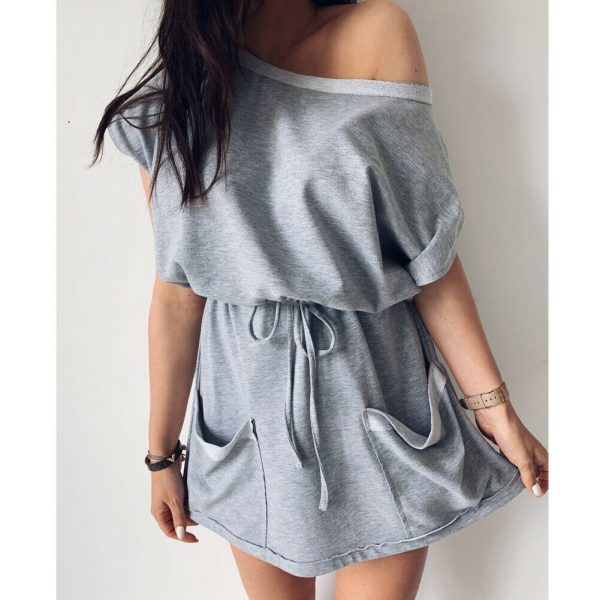 The Best Women's Summer Pocket Solid Short Sleeve Mini Dress 2019 Fashion Ladies Casual Tops Tie Front Loose Sundress Online - Takalr