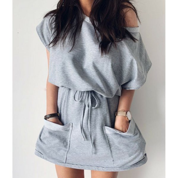 The Best Women's Summer Pocket Solid Short Sleeve Mini Dress 2019 Fashion Ladies Casual Tops Tie Front Loose Sundress Online - Takalr