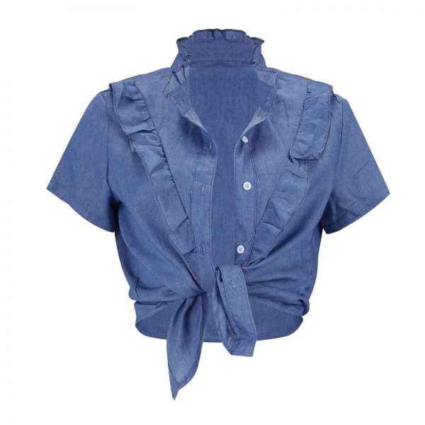 The Best Women's Summer Ruffle Short Sleeve Shirt Fashion Ladies Loose Solid Casual Blouse Short Top Shirt Blue New Online - Takalr