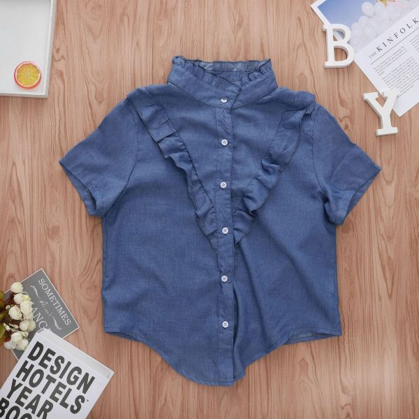 The Best Women's Summer Ruffle Short Sleeve Shirt Fashion Ladies Loose Solid Casual Blouse Short Top Shirt Blue New Online - Takalr