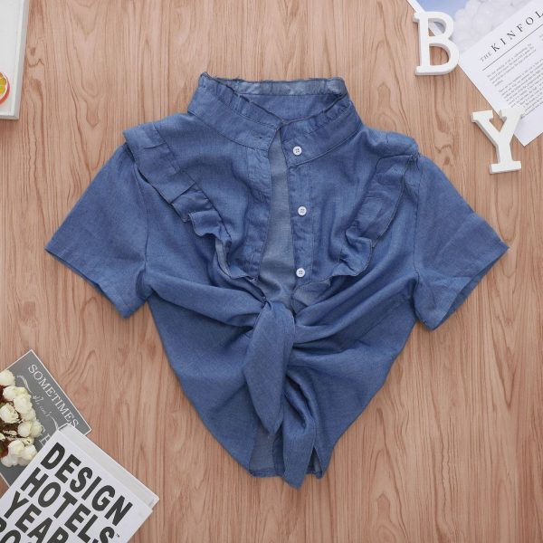 The Best Women's Summer Ruffle Short Sleeve Shirt Fashion Ladies Loose Solid Casual Blouse Short Top Shirt Blue New Online - Takalr