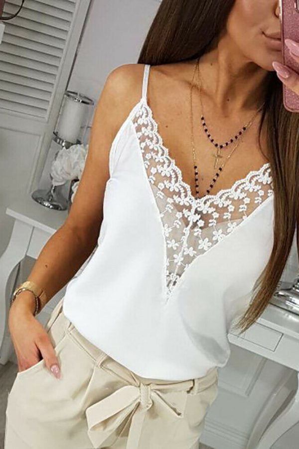 The Best Women's Summer Strappy Lace Vest Top Sleeveless Shirt Blouse Ladies Solid Casual V-neck Loose Tank Tops New Online - Takalr