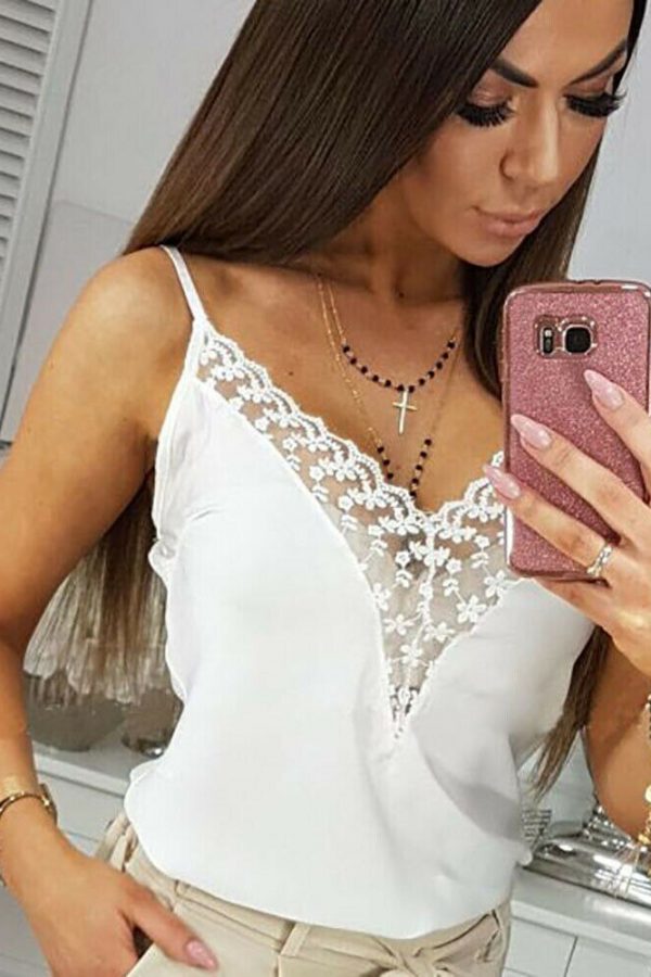 The Best Women's Summer Strappy Lace Vest Top Sleeveless Shirt Blouse Ladies Solid Casual V-neck Loose Tank Tops New Online - Takalr