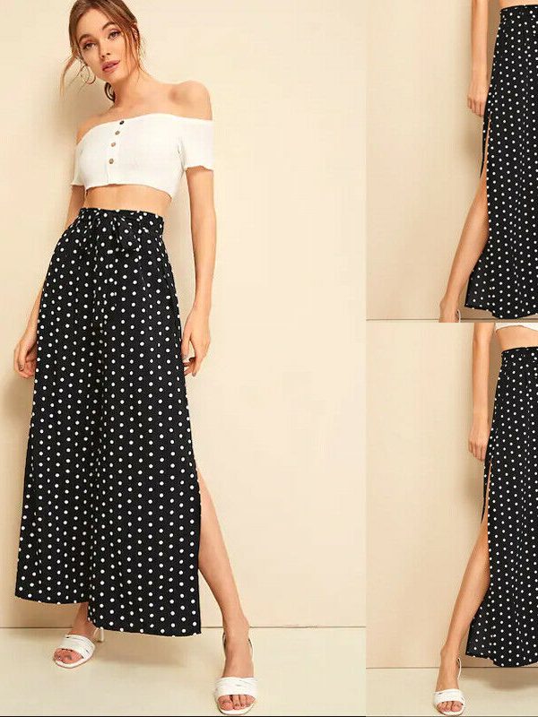 The Best Women’s Wide Leg Pants Casual Loose Polka Dot High Waist Long Palazzo Jeans Fashion Beach Lounge Wear Trousers Online - Takalr