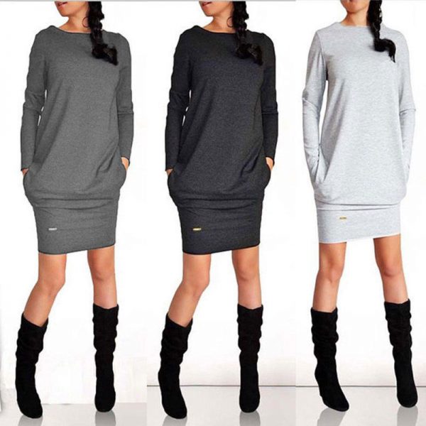 The Best Women's Winter Sweatshirt Dress Fashion Ladies Casual Hoodie Pullover Jumper Pockets Sweater Slim Fit Tops Dress Online - Takalr