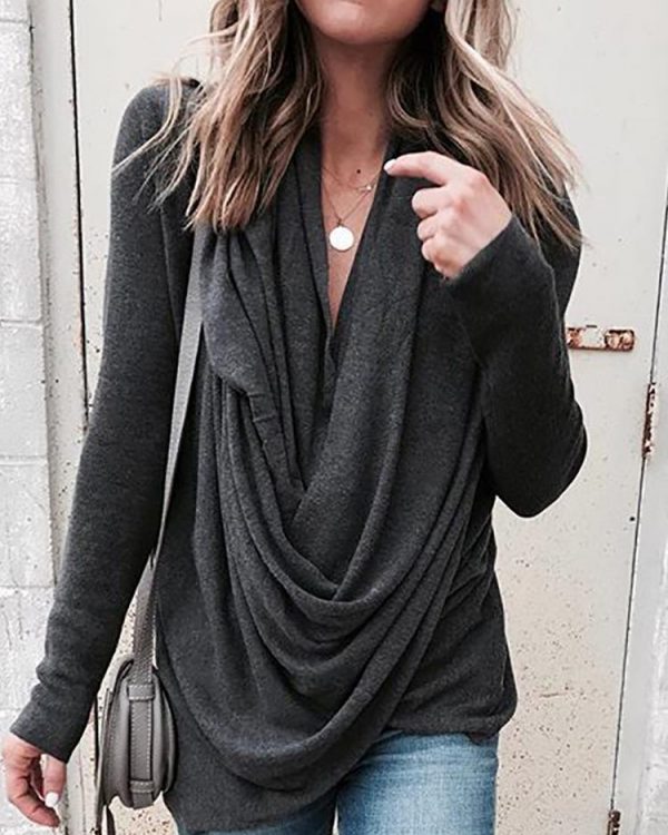 Women scarf collar long sleeve Tshirt Deep V-neck Solid winter tops New Casual loose T-Shirt Top streetwear - Takalr