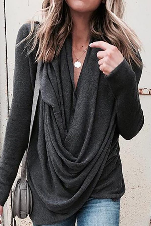 Women scarf collar long sleeve Tshirt Deep V-neck Solid winter tops New Casual loose T-Shirt Top streetwear - Takalr