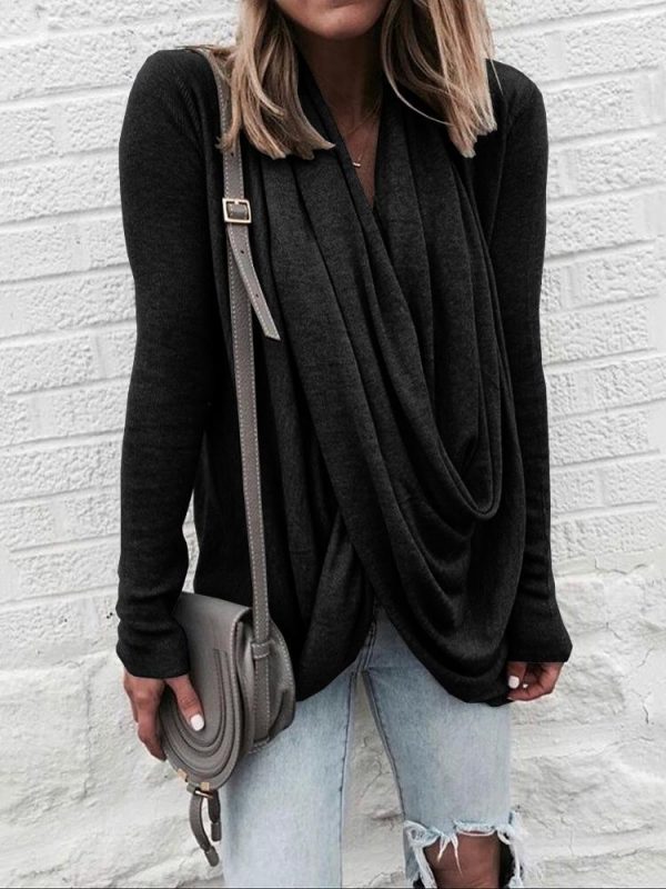 Women scarf collar long sleeve Tshirt Deep V-neck Solid winter tops New Casual loose T-Shirt Top streetwear - Takalr