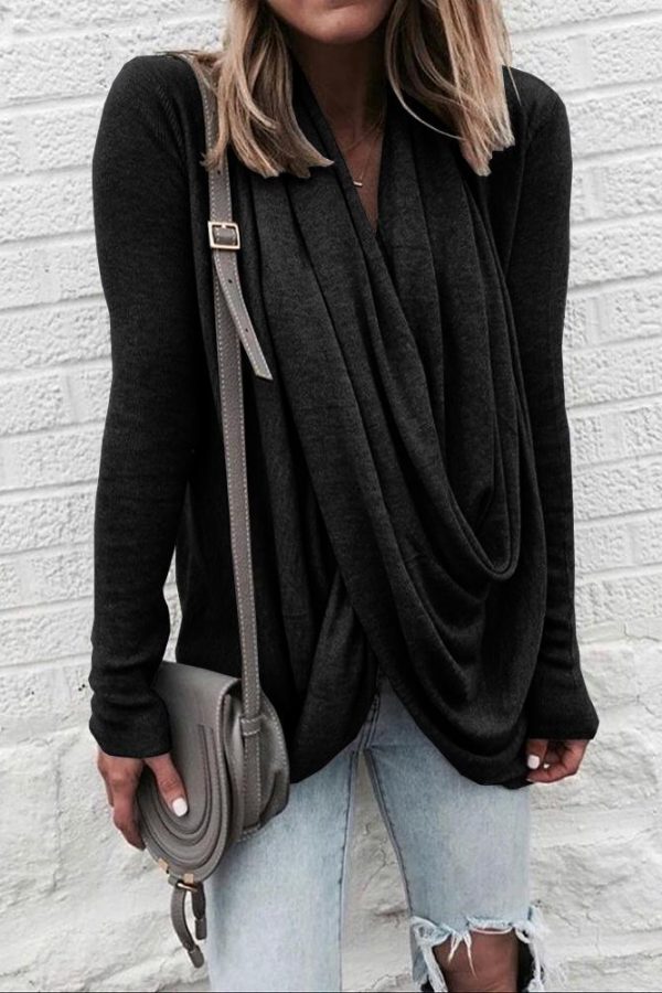 Women scarf collar long sleeve Tshirt Deep V-neck Solid winter tops New Casual loose T-Shirt Top streetwear - Takalr