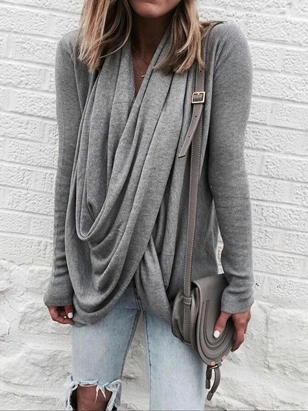 Women scarf collar long sleeve Tshirt Deep V-neck Solid winter tops New Casual loose T-Shirt Top streetwear - Takalr