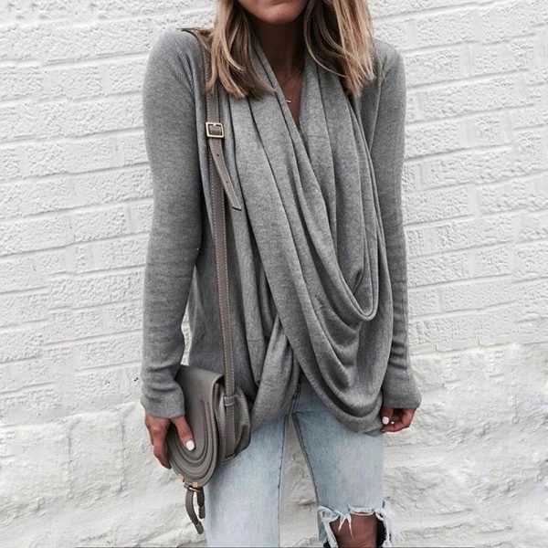 Women scarf collar long sleeve Tshirt Deep V-neck Solid winter tops New Casual loose T-Shirt Top streetwear - Takalr