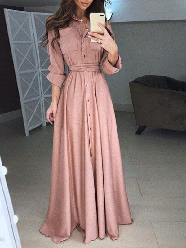 Women shirt dress Sexy slim single breasted turn-down collar A-line long dress High waist pleated wrap dresses maxi vestido - Takalr