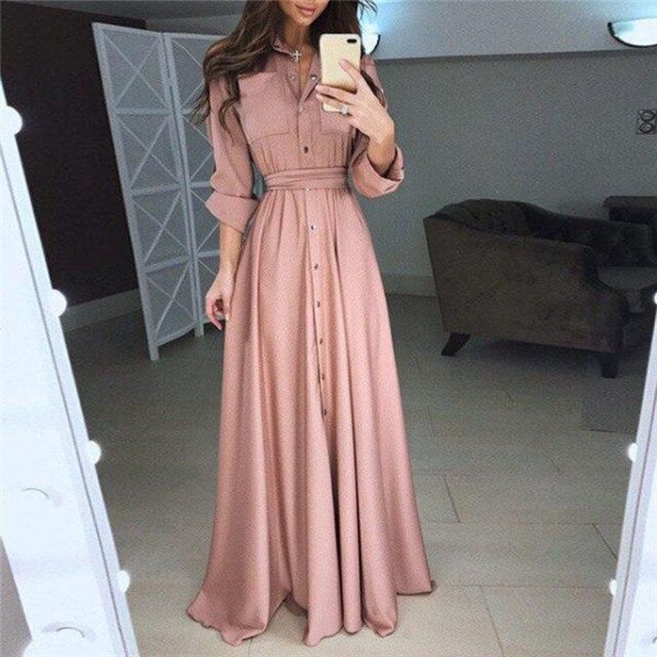 Women shirt dress Sexy slim single breasted turn-down collar A-line long dress High waist pleated wrap dresses maxi vestido - Takalr