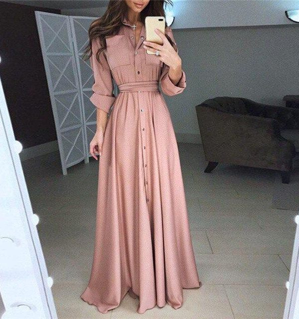 Women shirt dress Sexy slim single breasted turn-down collar A-line long dress High waist pleated wrap dresses maxi vestido - Takalr