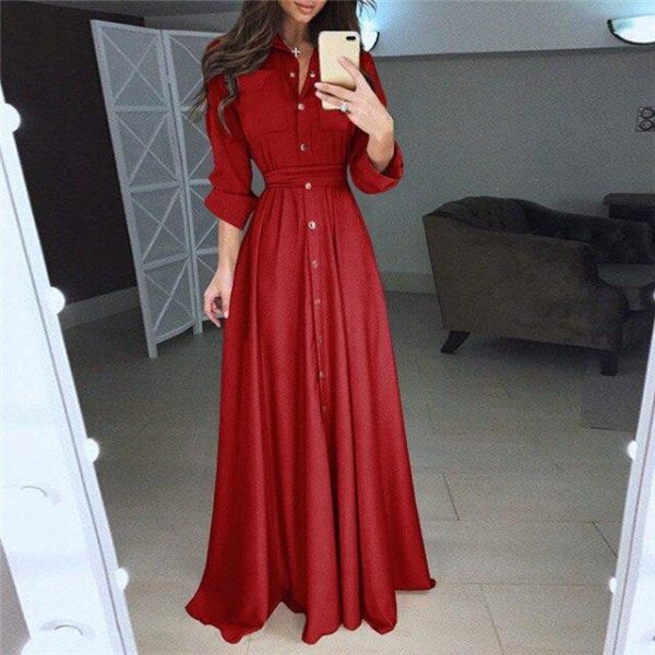 Women shirt dress Sexy slim single breasted turn-down collar A-line long dress High waist pleated wrap dresses maxi vestido - Takalr