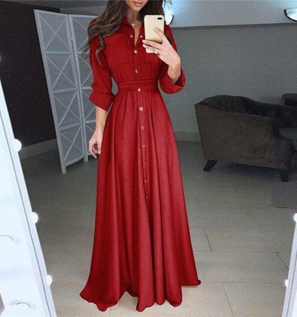 Women shirt dress Sexy slim single breasted turn-down collar A-line long dress High waist pleated wrap dresses maxi vestido - Takalr