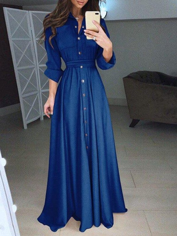 Women shirt dress Sexy slim single breasted turn-down collar A-line long dress High waist pleated wrap dresses maxi vestido - Takalr