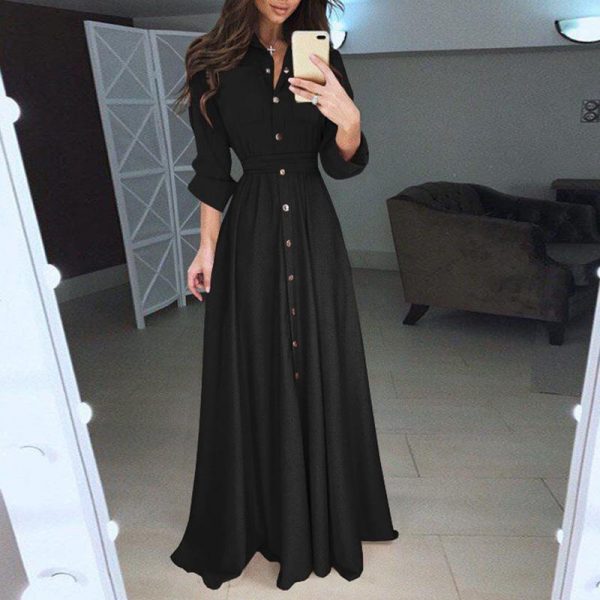 Women shirt dress Sexy slim single breasted turn-down collar A-line long dress High waist pleated wrap dresses maxi vestido - Takalr