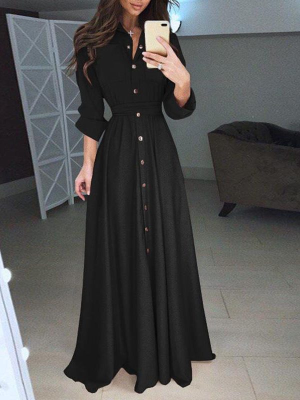 Women shirt dress Sexy slim single breasted turn-down collar A-line long dress High waist pleated wrap dresses maxi vestido - Takalr