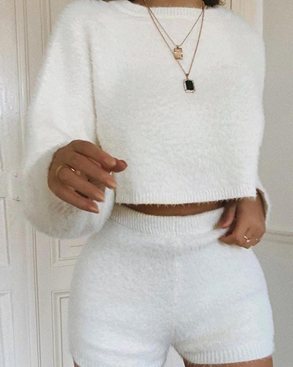 Women shorts 2 Piece Set Fluffy Crop Top + Shorts Set - Takalr