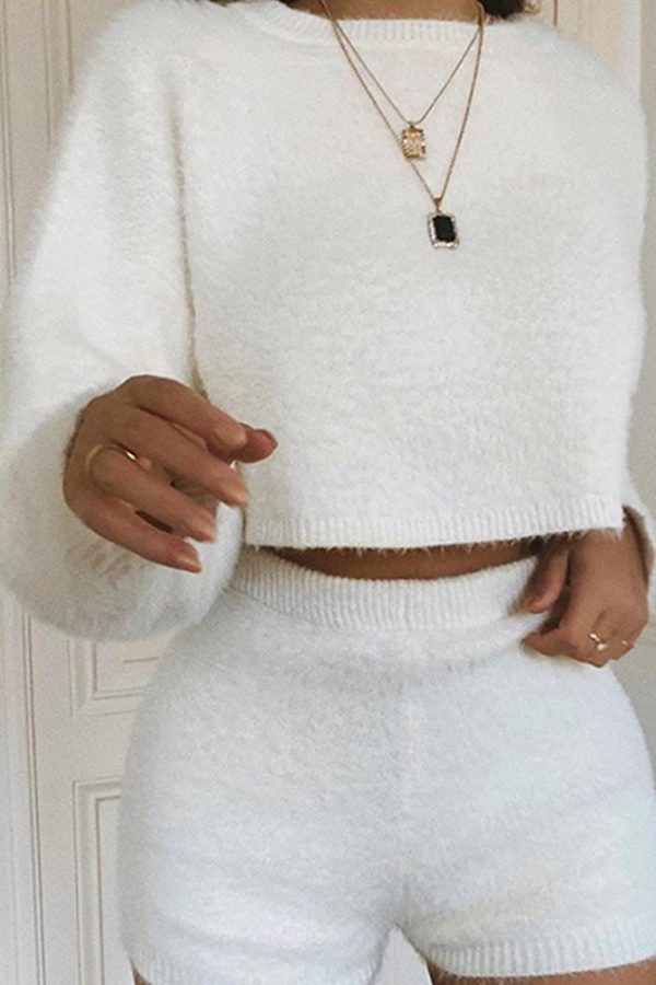 Women shorts 2 Piece Set Fluffy Crop Top + Shorts Set - Takalr