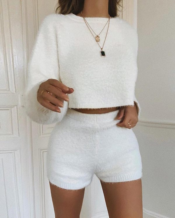 Women shorts 2 Piece Set Fluffy Crop Top + Shorts Set - Takalr